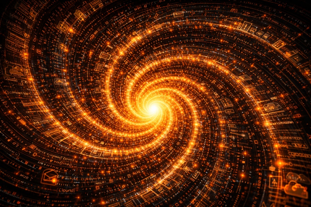 A luminous spiral of code, interfaces, and syntax collapsing toward a bright center